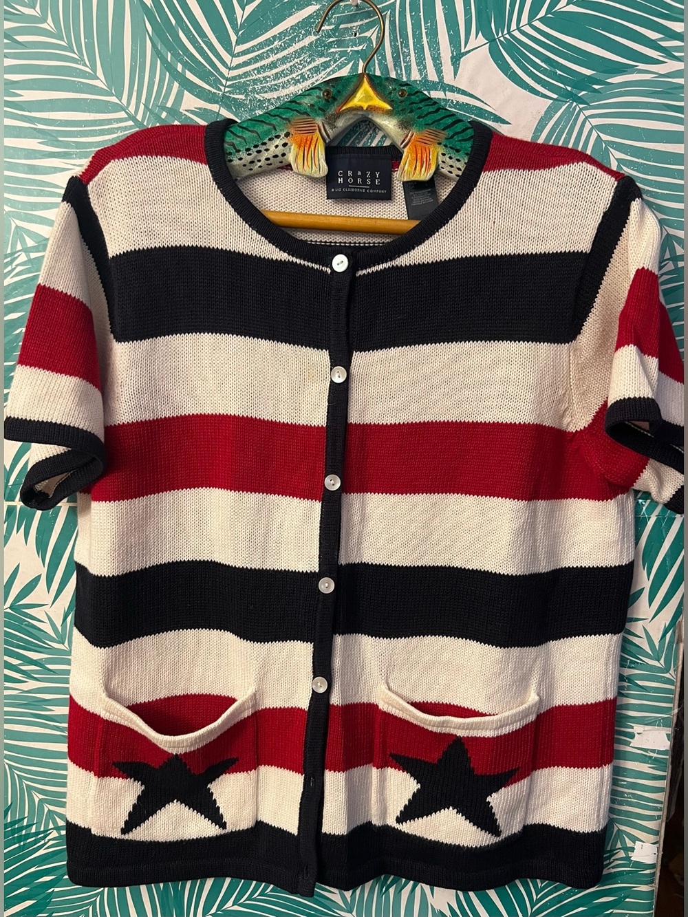 Liz Claiborne Vintage Red, Black & White Striped Short-Sleeve cardigan Sz L